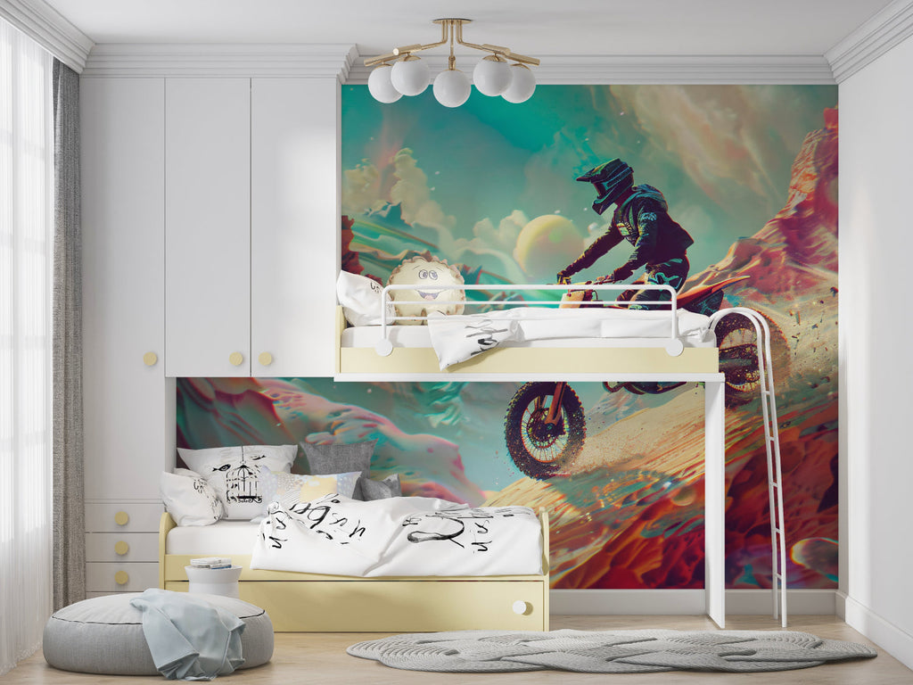 Comic book wallpaper bringing vibrant energy to a modern teen bedroom with gaming setup