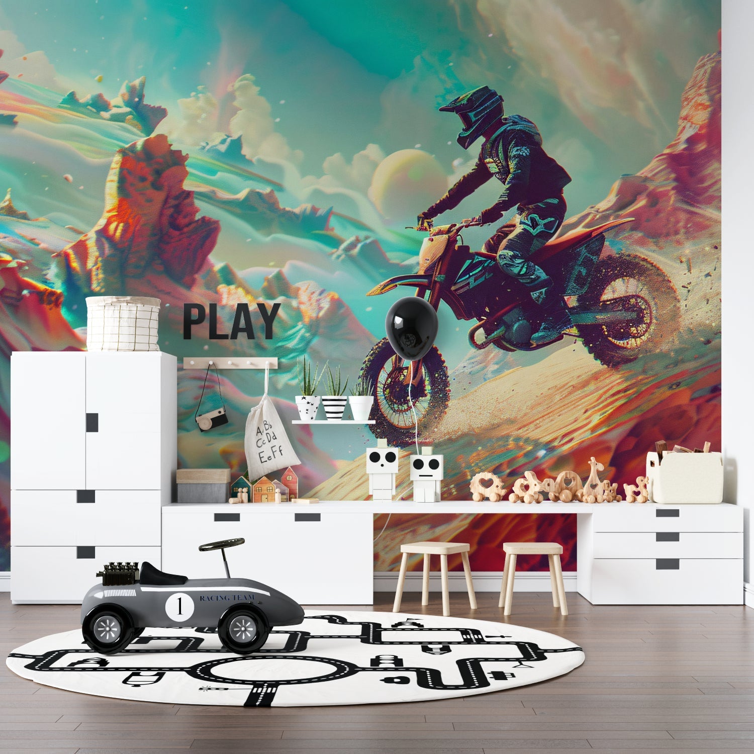 Comic style wallpaper adding personality to a modern gaming room
