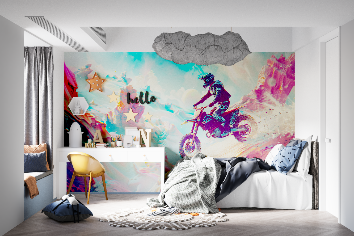 Urban comic art mural making a statement in a contemporary living room