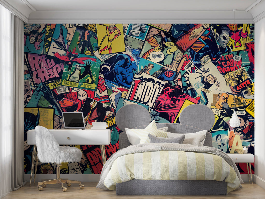 Comic book wallpaper mural in modern gaming room showing vibrant superhero design with dramatic lighting