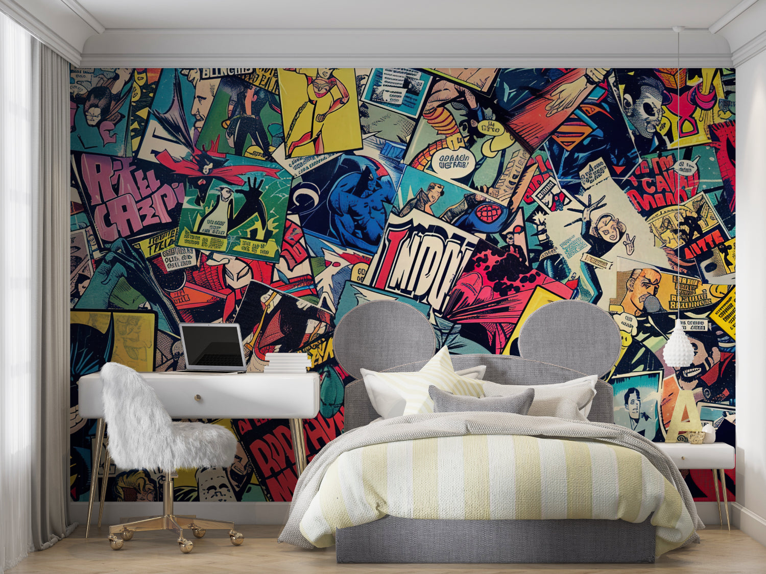 Comic book wallpaper mural in modern gaming room showing vibrant superhero design with dramatic lighting