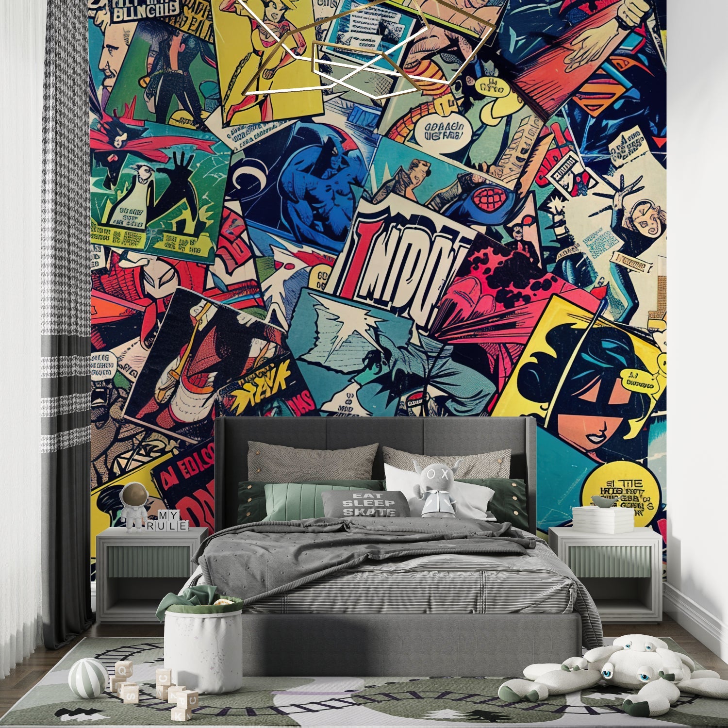 Teen bedroom featuring comic book mural wallpaper with retro superhero panels
