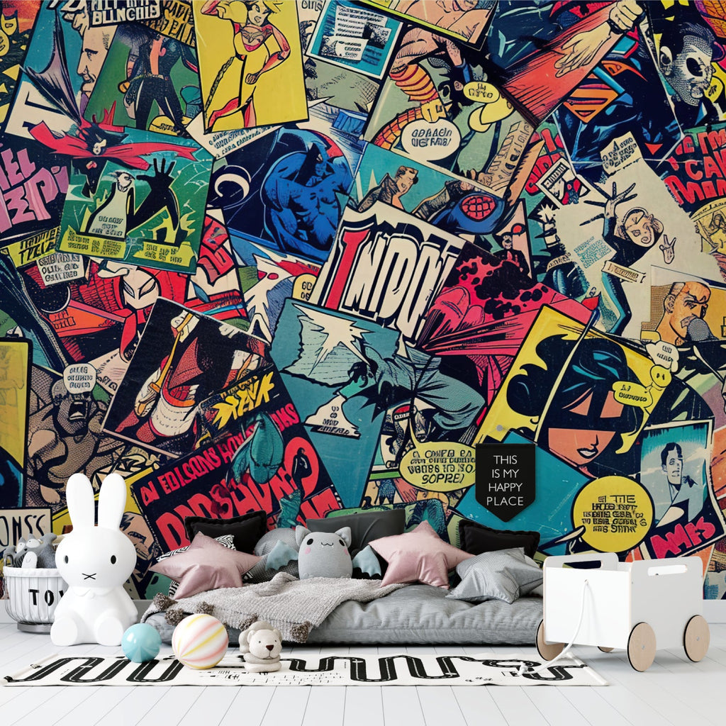 Comic book wallpaper bringing superhero action to kids playroom wall