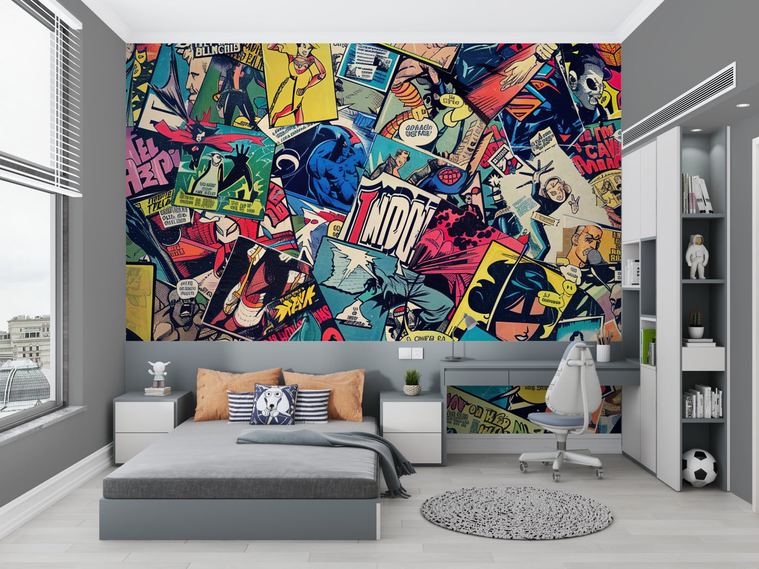 Home office space with vintage comic book wallpaper creating dynamic atmosphere