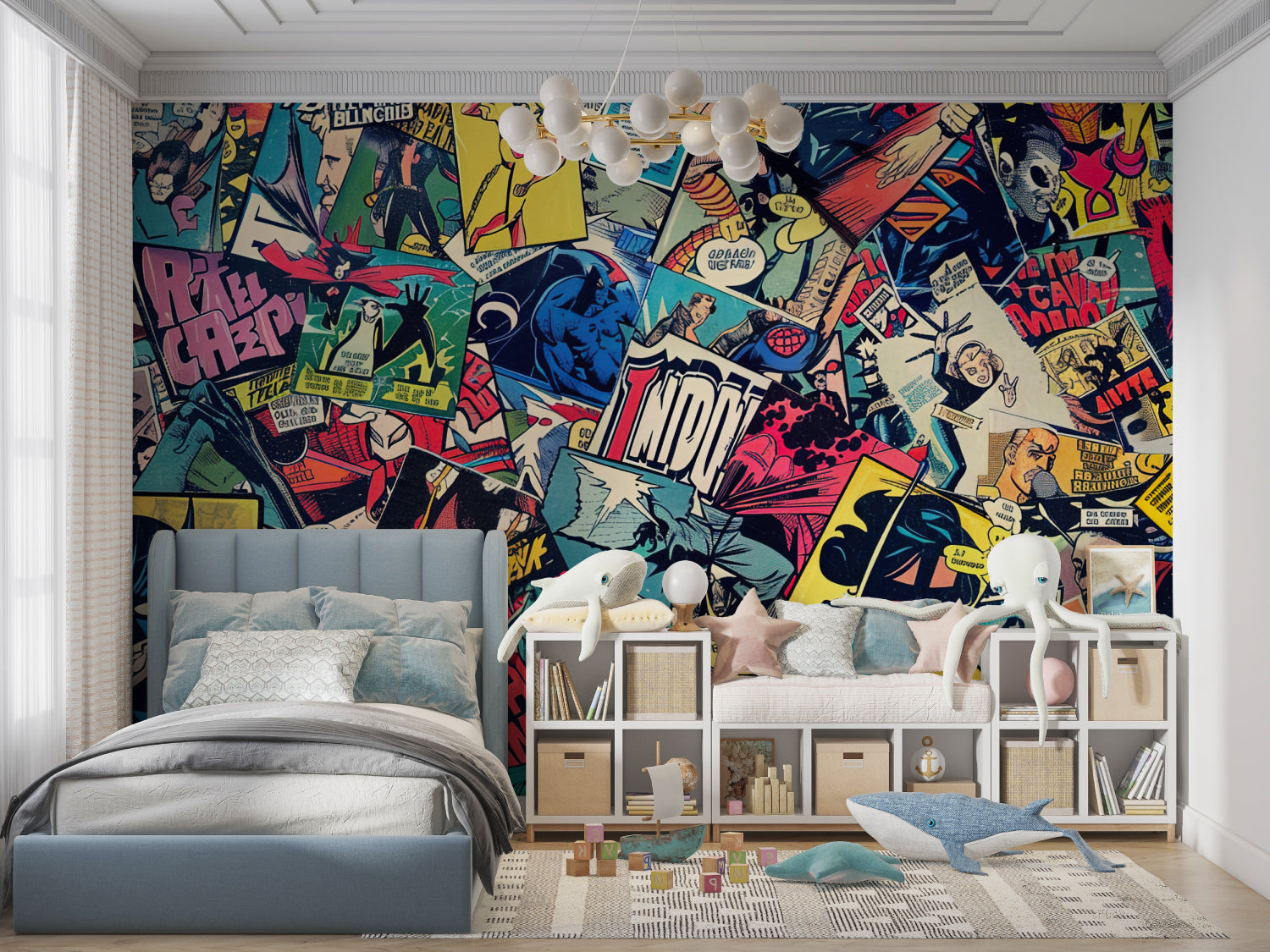 Man cave decorated with retro comic book mural showing action scenes