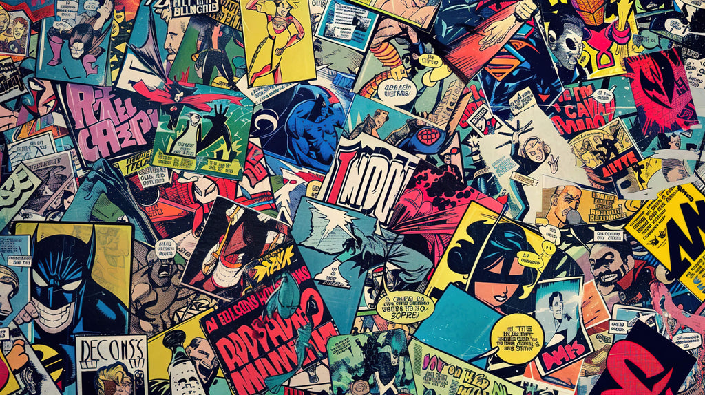Comic book wallpaper design file showing full retro superhero pattern layout