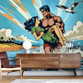 Comic art beach wallpaper creating a fun atmosphere in a modern living room with white furniture and natural light