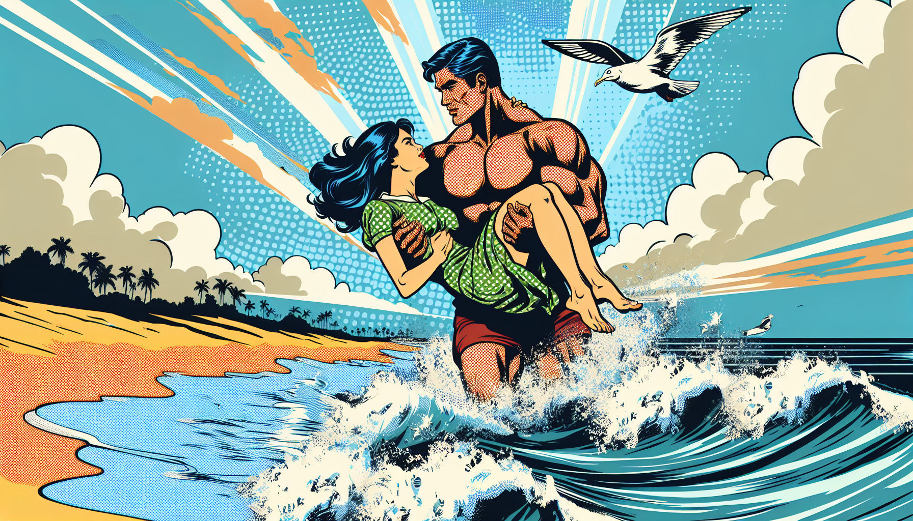 Comic art beach romance design file showing vibrant colors and retro pop art style pattern