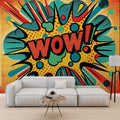 Comic book wallpaper bringing retro pop art style to modern living room, creating a fun accent wall with bold yellow and turquoise tones