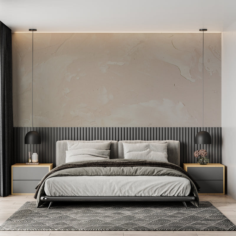 Textured Concrete Wall Mural in modern dining room with pendant lights