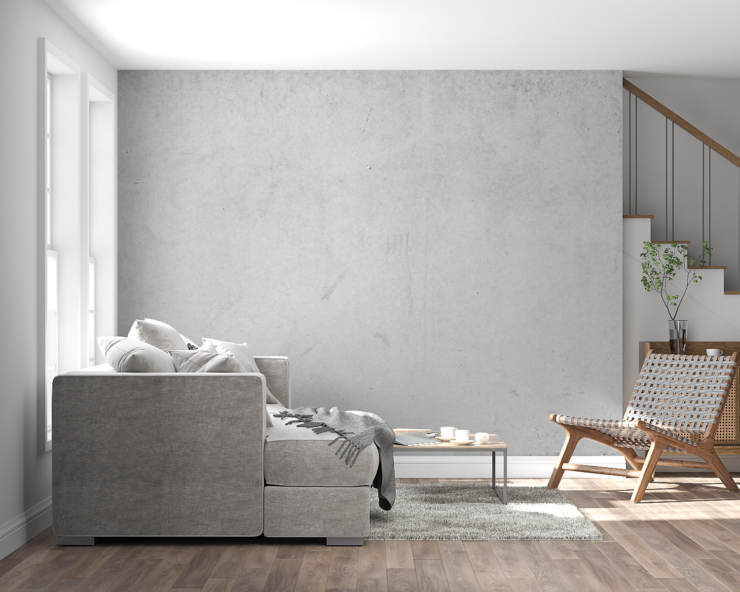Modern grey concrete wallpaper installation in stylish home entrance