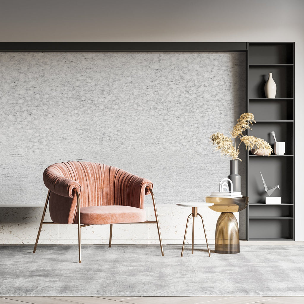 Modern grey concrete wallpaper in urban bedroom setting with metal accents