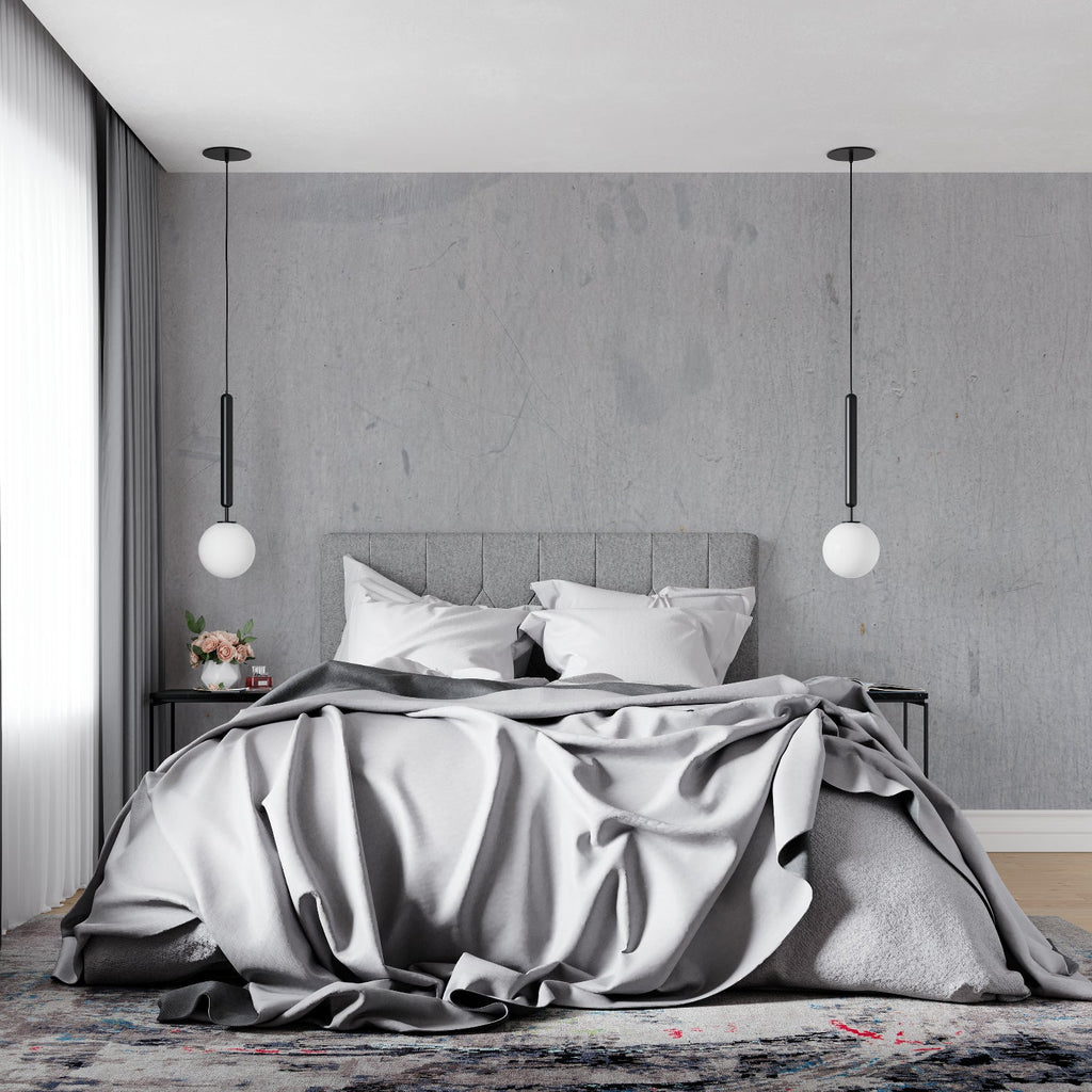 Concrete wallpaper feature wall in an urban bedroom setting