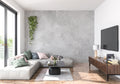 Modern concrete effect wallpaper in minimalist living room showing grey textured surface with natural lighting