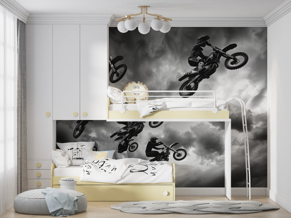 Constellation wallpaper creating magic in a cozy bedroom, golden stars glowing against deep blue