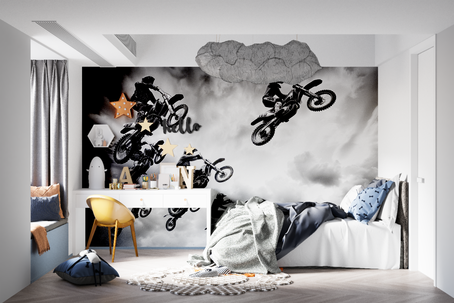 Celestial wall mural bringing starry night beauty to a home office