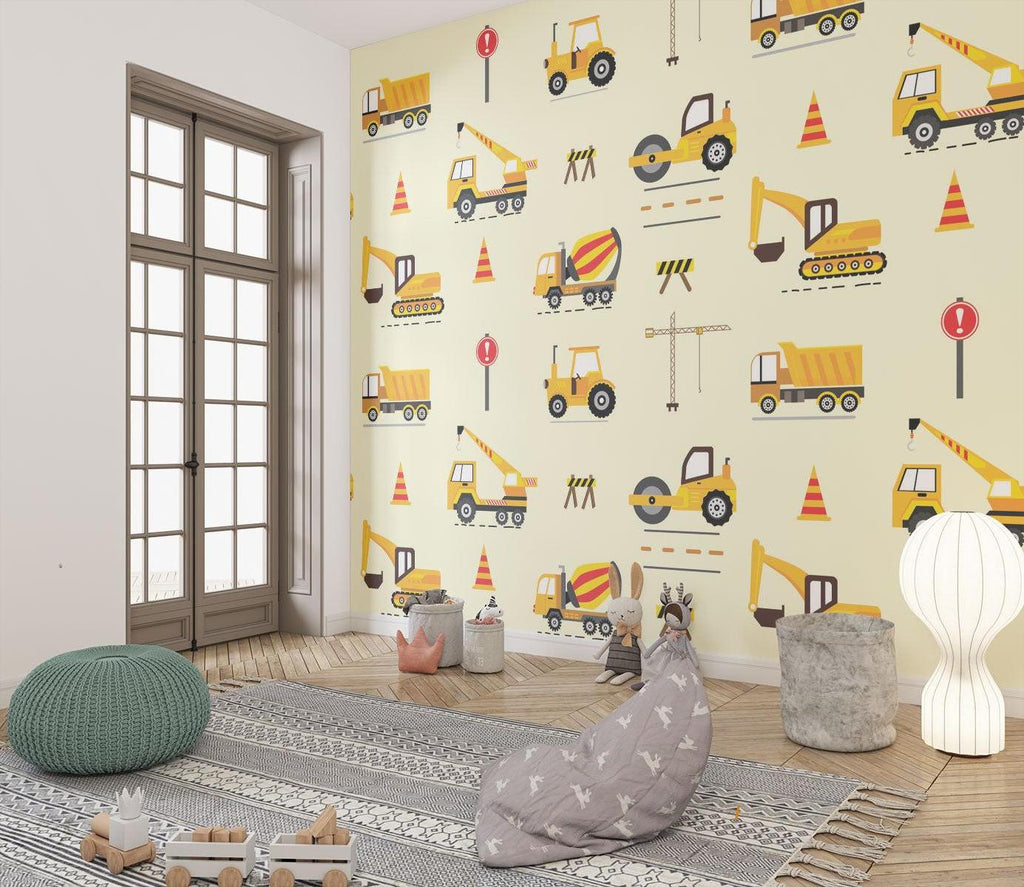 Kids bedroom featuring construction site wallpaper with cheerful yellow vehicles and safety signs