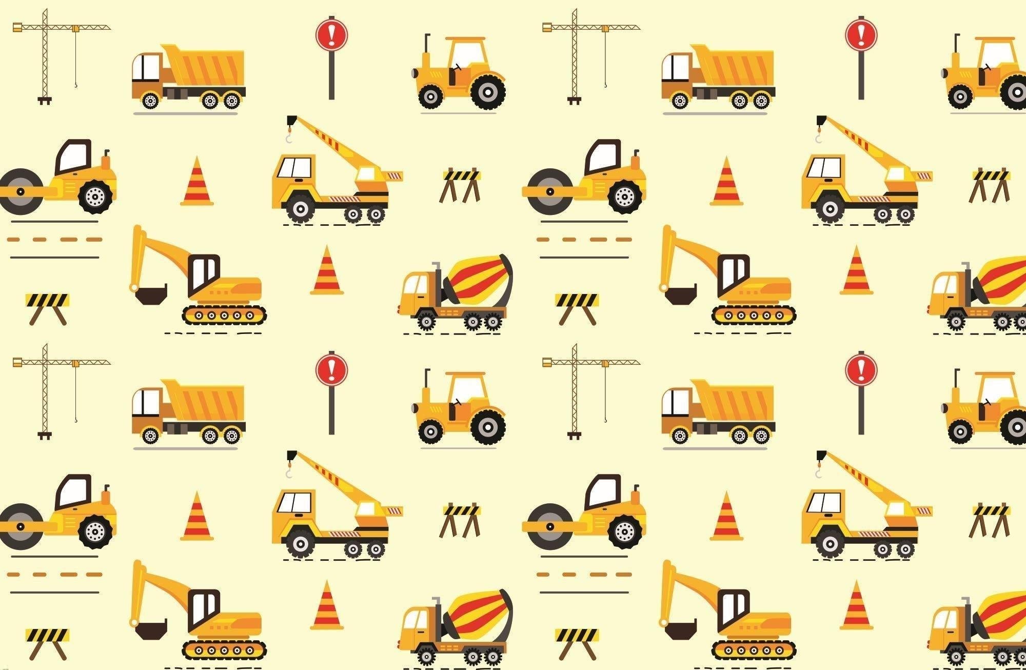 Construction vehicle pattern design file showing yellow trucks, cranes, and safety signs on cream background