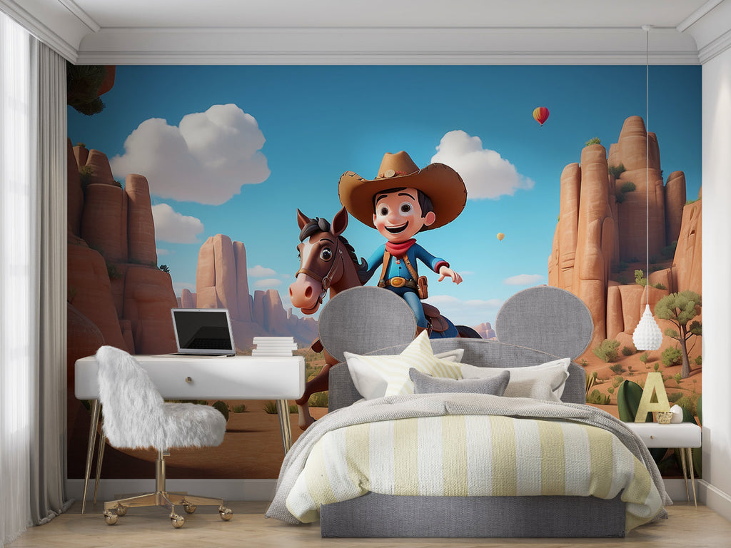 Western adventure wallpaper transforming a nursery with warm desert tones