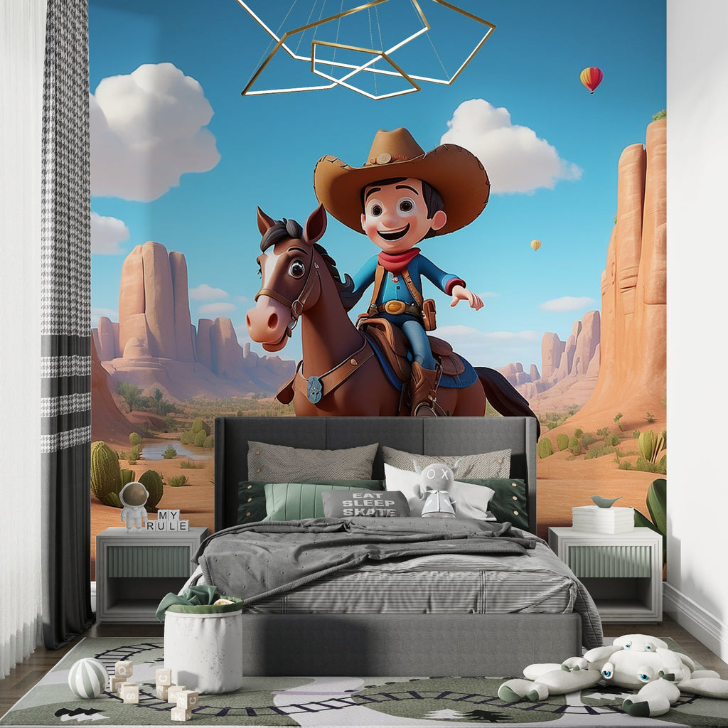Kids western wallpaper featured in a modern home office space