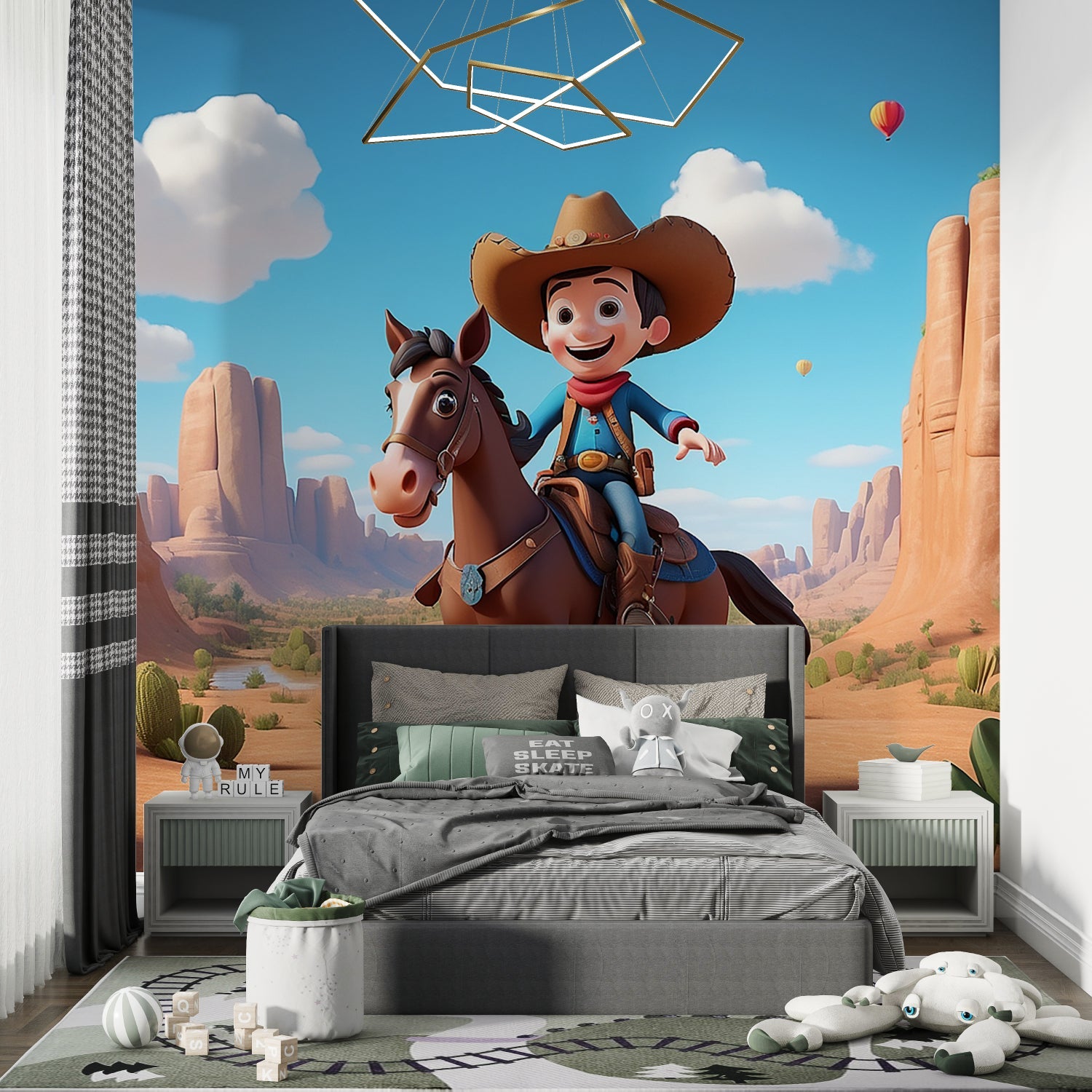 Kids western wallpaper featured in a modern home office space