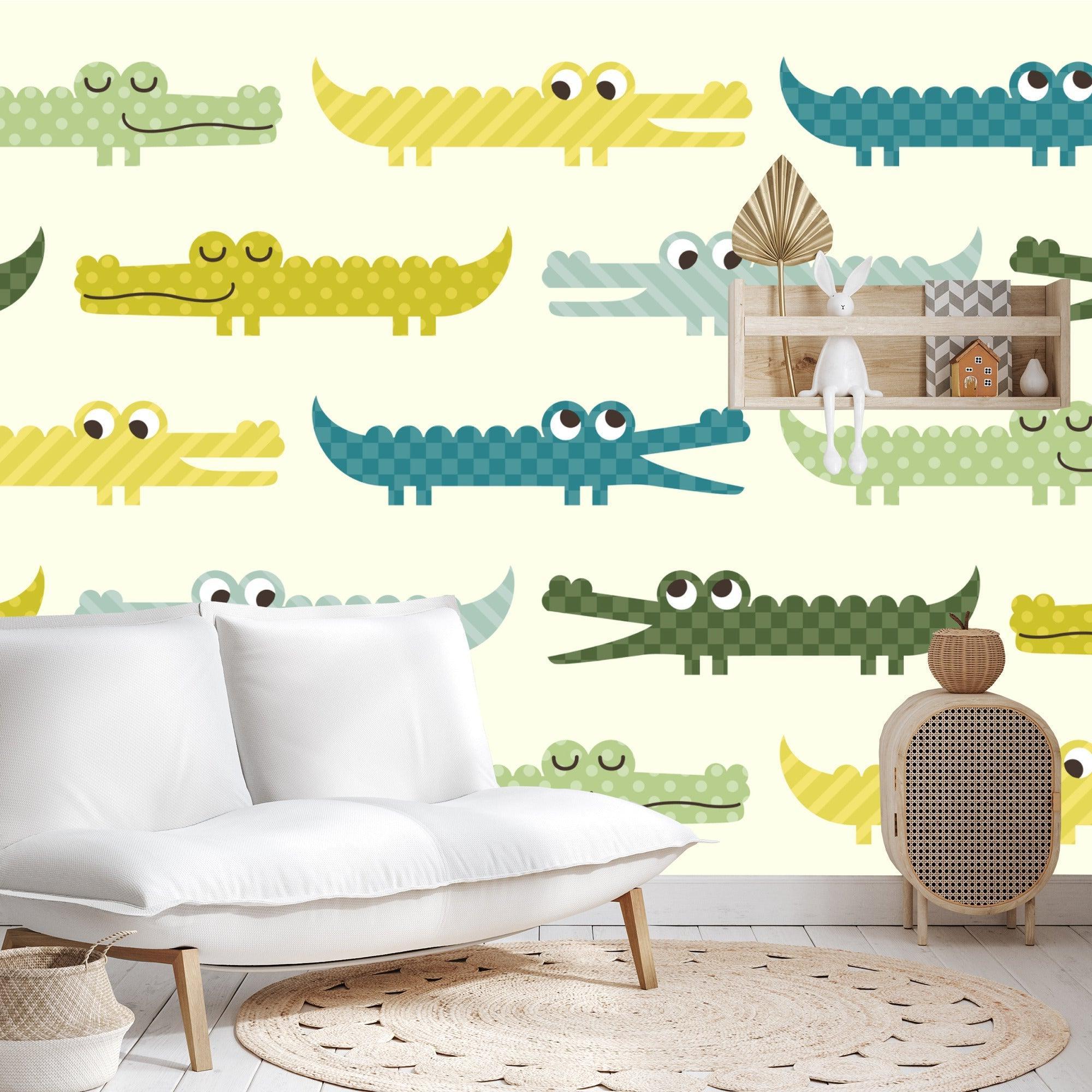 Crocodile wallpaper with pastel geometric patterns brightening a modern nursery with white furniture