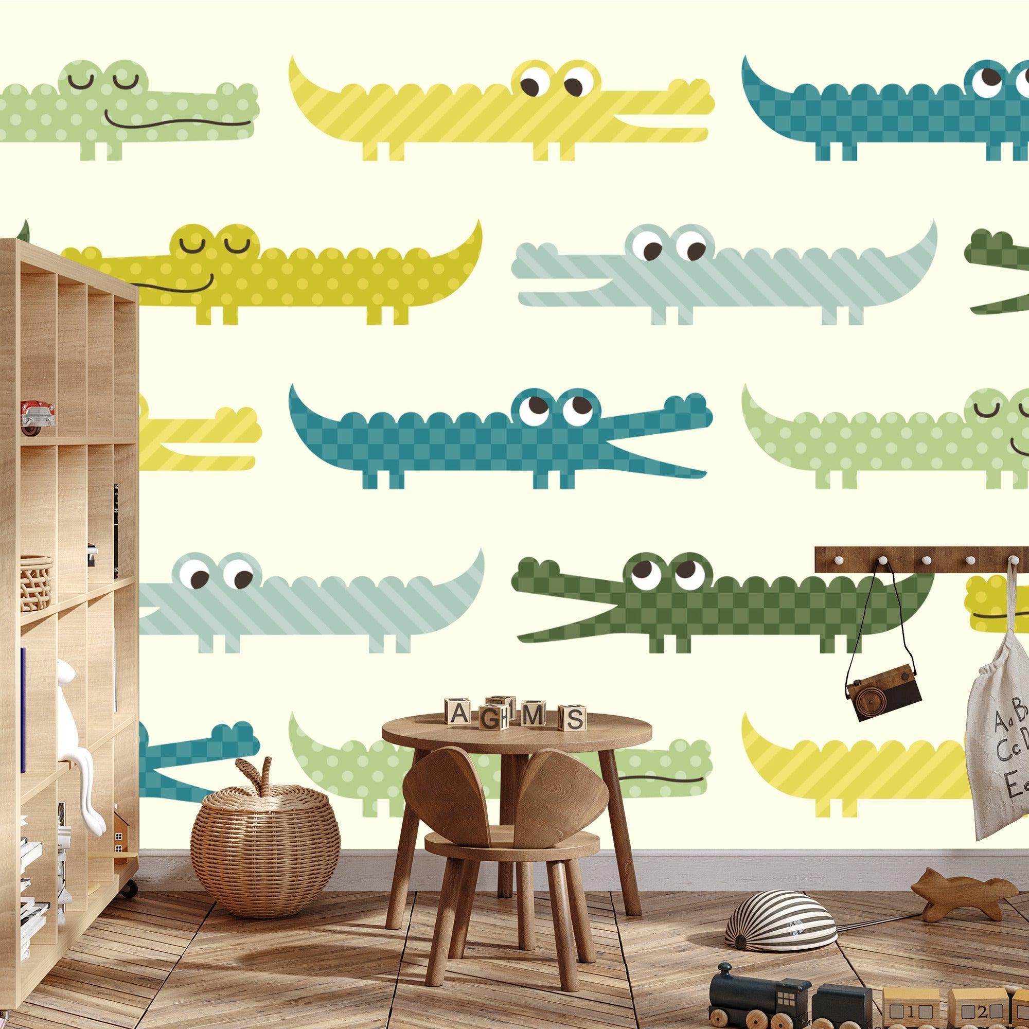 Kids bedroom featuring playful geometric crocodile wallpaper with reading nook