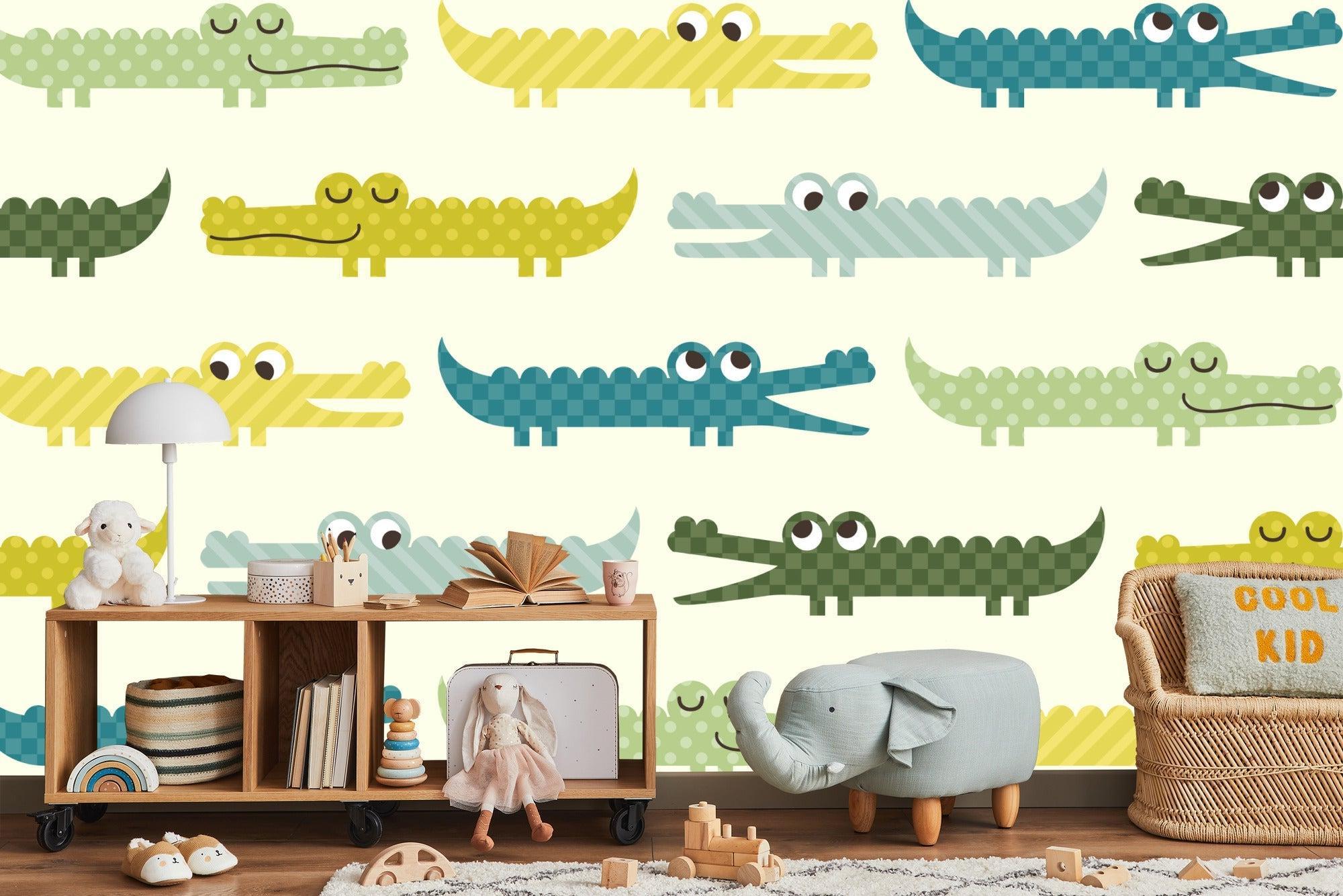 Playroom decorated with pastel crocodile pattern wallpaper showing scale and room layout