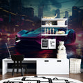 Cyberpunk wallpaper creating amazing atmosphere in modern gaming room with LED setup