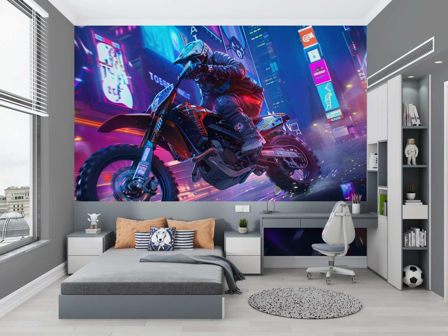 Cyberpunk wallpaper in modern gaming room showing neon city motocross design