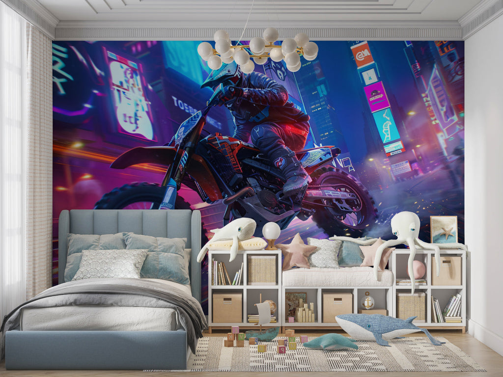 Urban night scene wallpaper displayed in teen bedroom with LED lighting