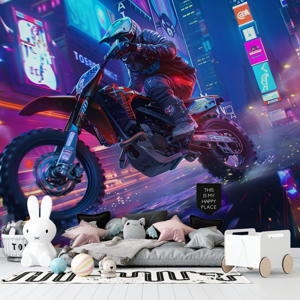 Street art mural in man cave showing cyberpunk motocross design