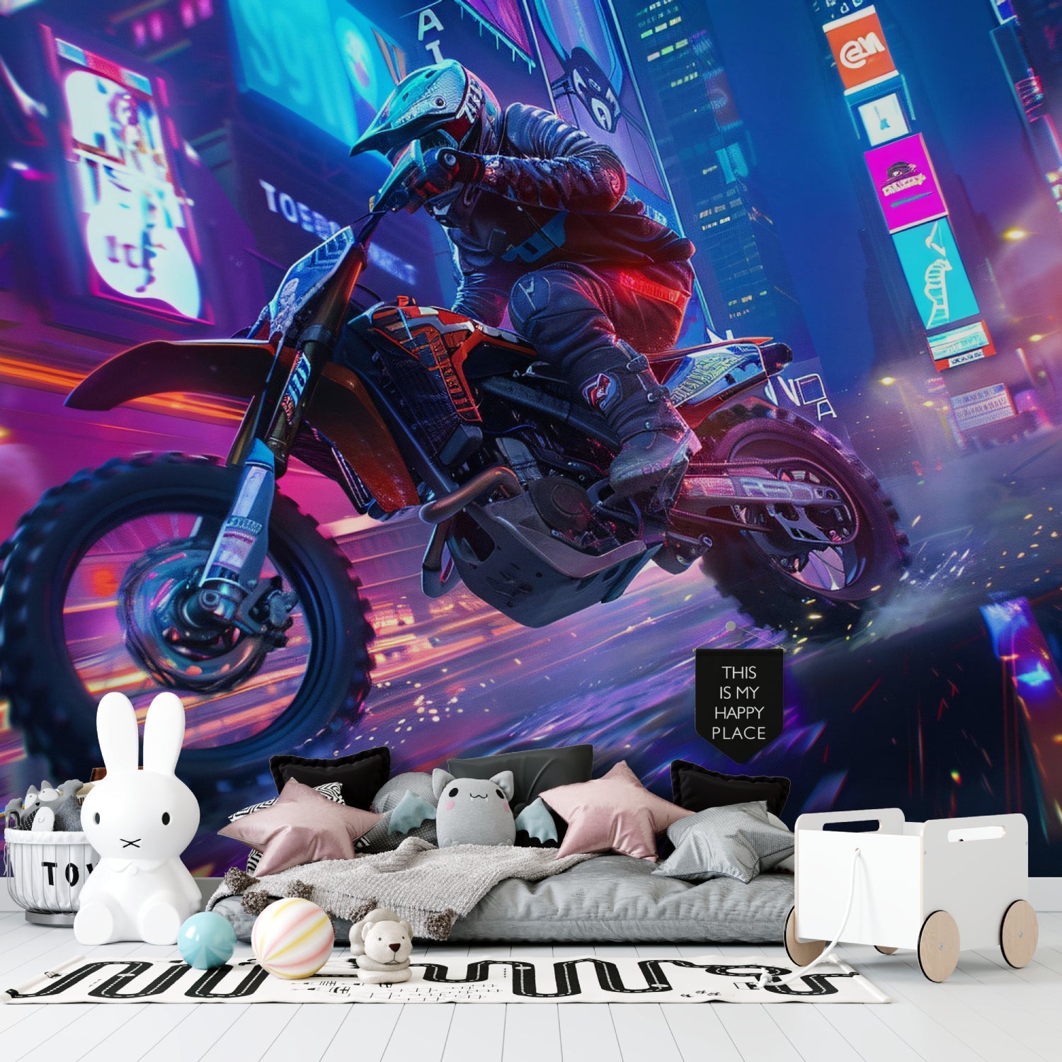 Street art mural in man cave showing cyberpunk motocross design