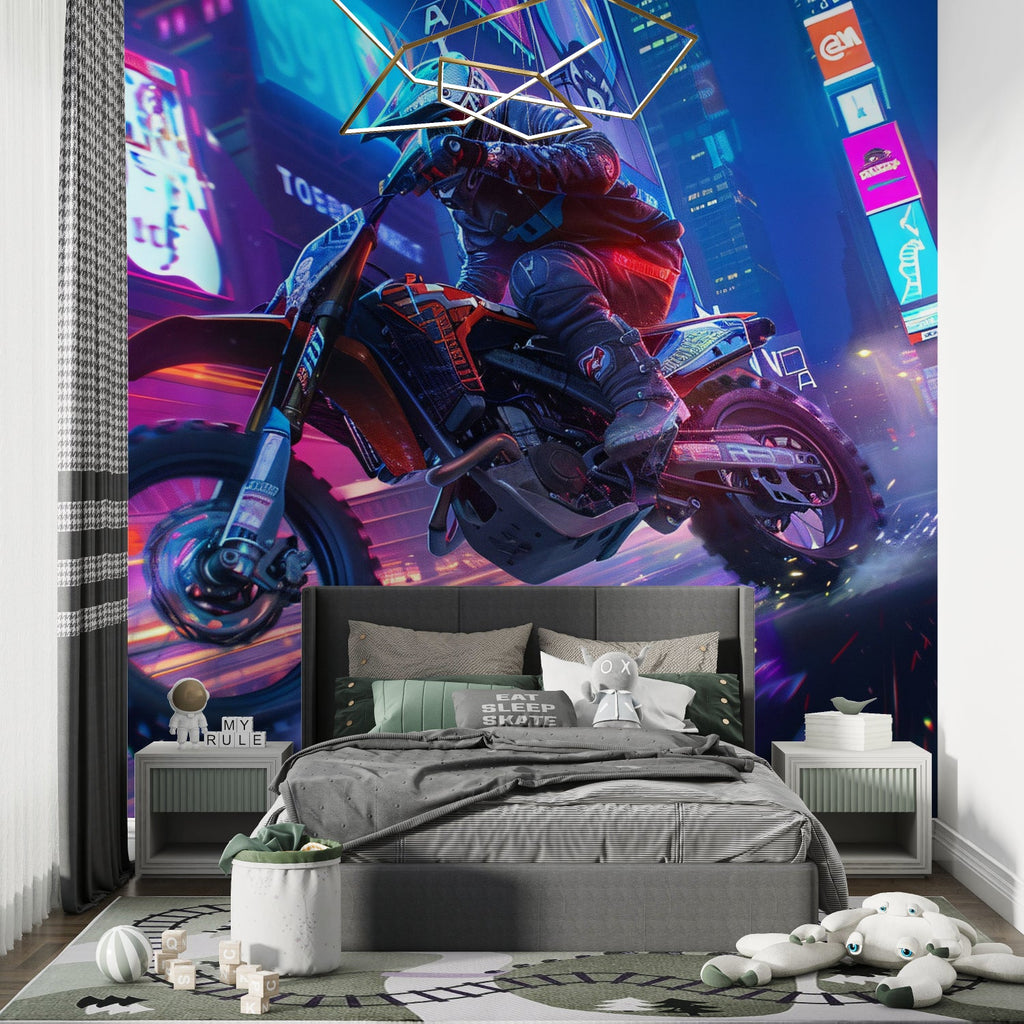 Neon city wallpaper styling in modern apartment game room