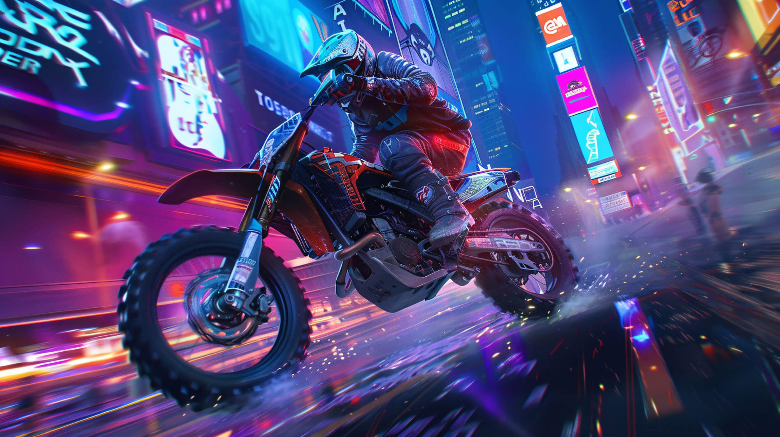 Design file of cyberpunk motocross night scene wallpaper showing neon city details