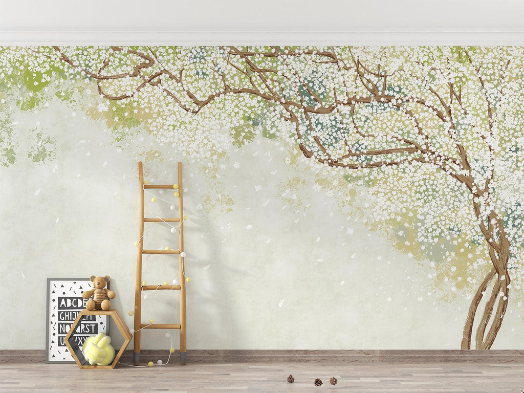 Cherry Blossom Mural Wallpaper | Soft White Watercolor Design