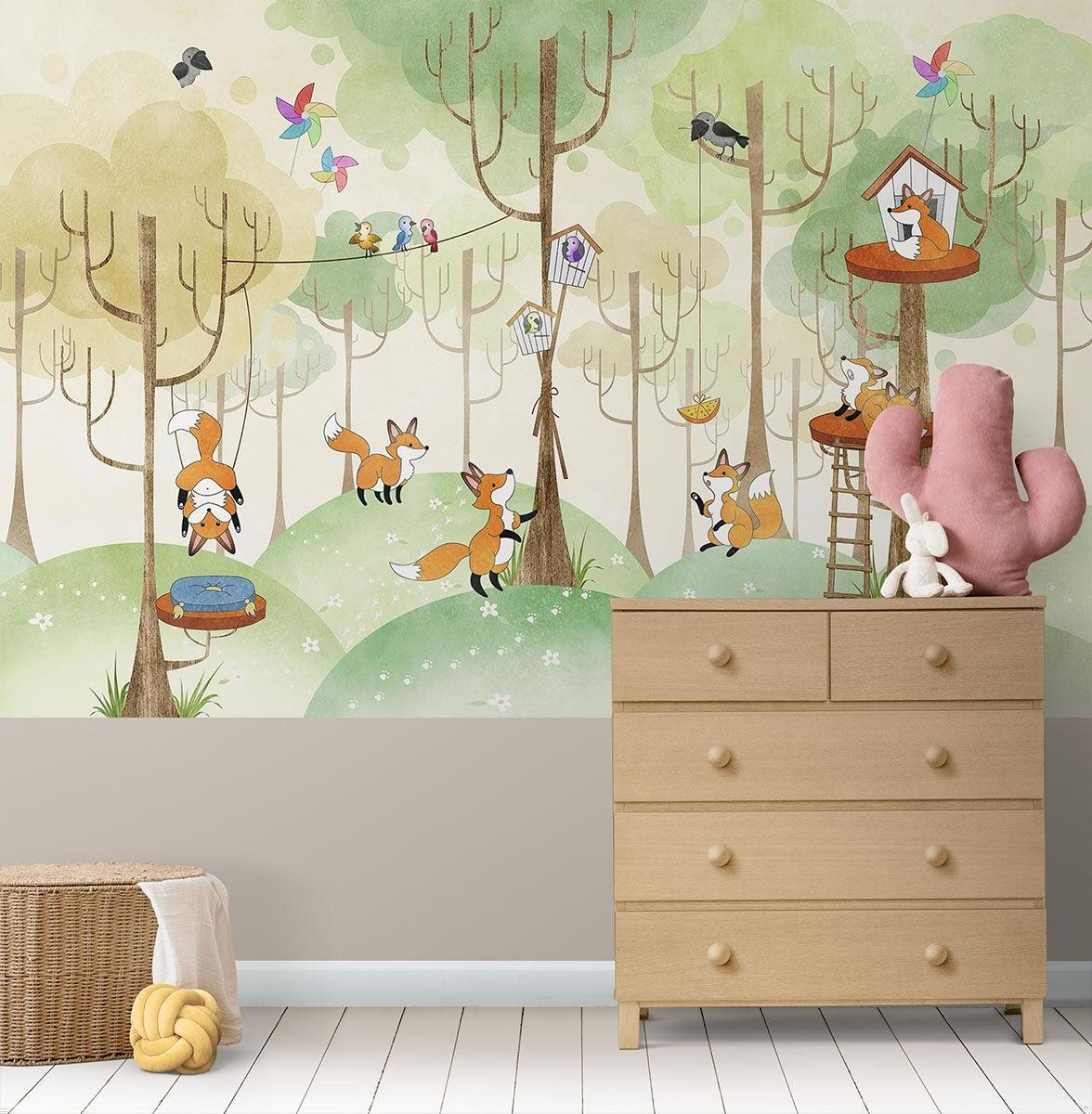 Forest Animals Mural Wallpaper | Playful Fox Treehouse Scene