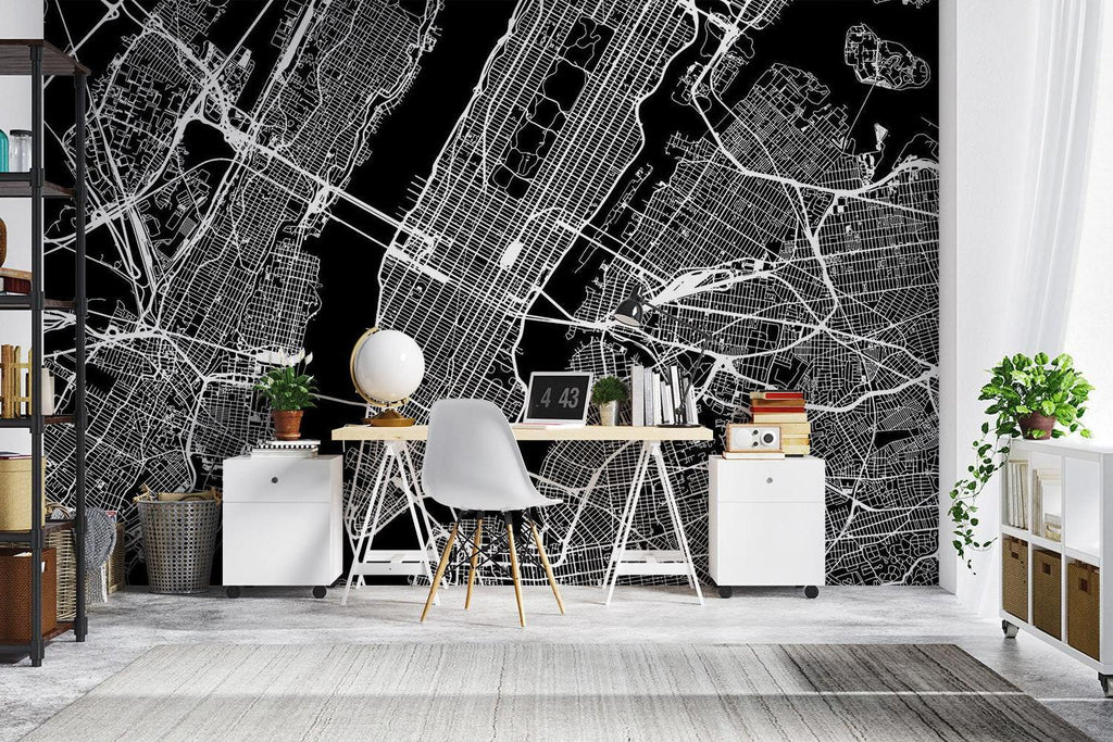 City Map Mural Wallpaper | Modern Black and White Urban Design