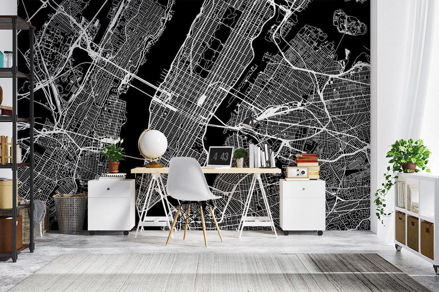 City Map Mural Wallpaper | Modern Black and White Urban Design