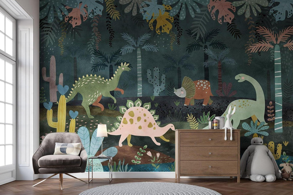 Dinosaur Mural Wallpaper | Jungle Adventure with Pastel Characters
