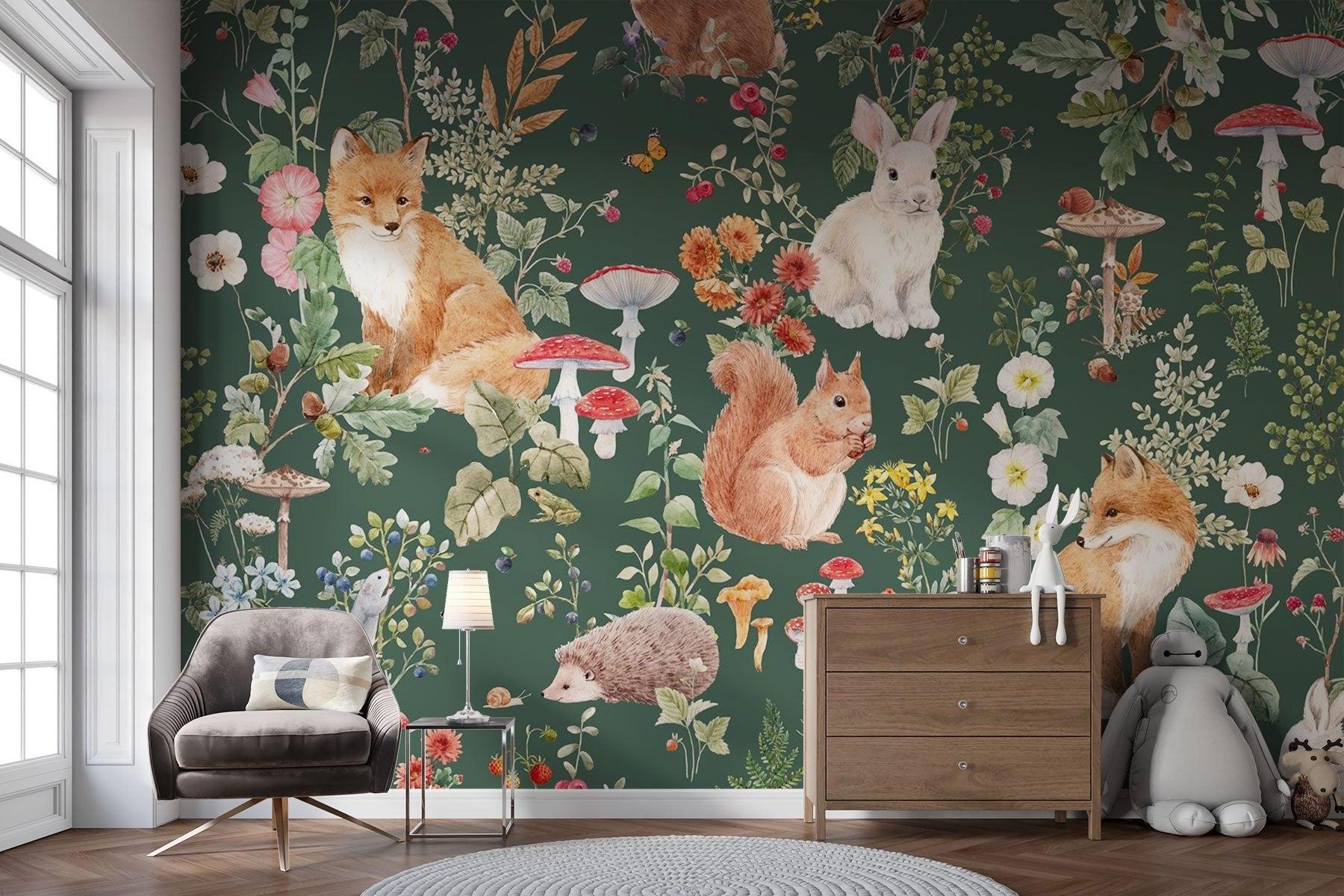 Forest Animals Mural Wallpaper | Woodland Creatures With Mushrooms