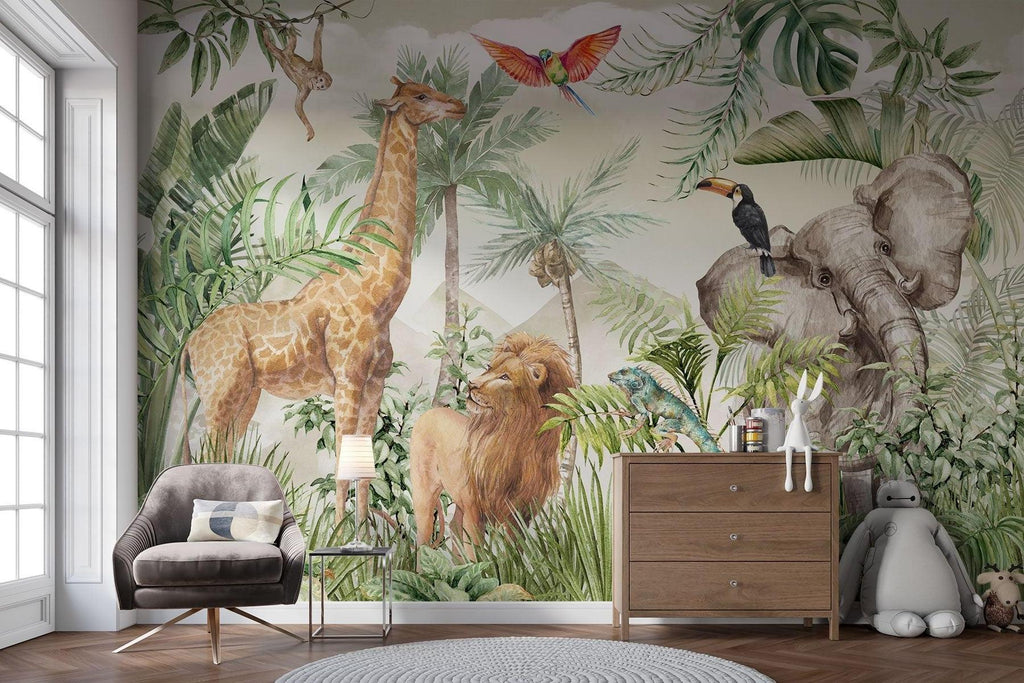 Jungle Animals Mural Wallpaper | Safari Wildlife with Tropical Foliage