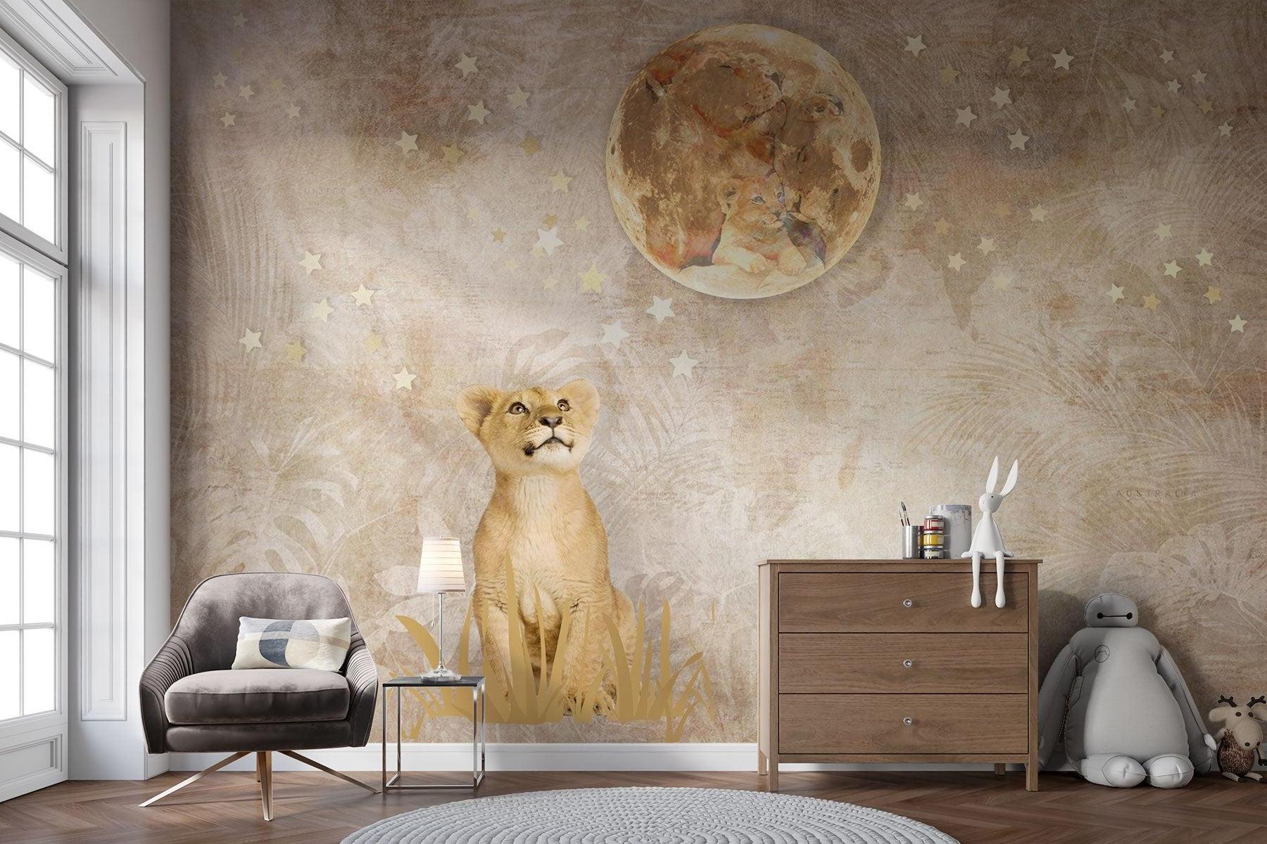 Safari Lion Mural Wallpaper | Dreamy Moon and Stars Design