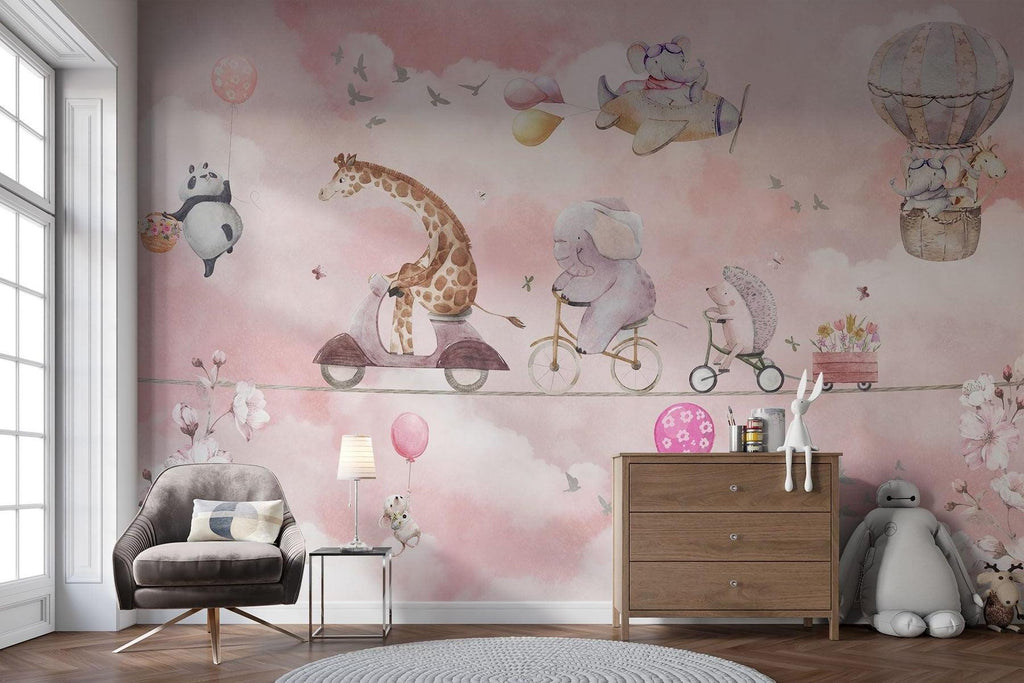 Kids Animal Mural Wallpaper | Adventure Parade in Pink Sky