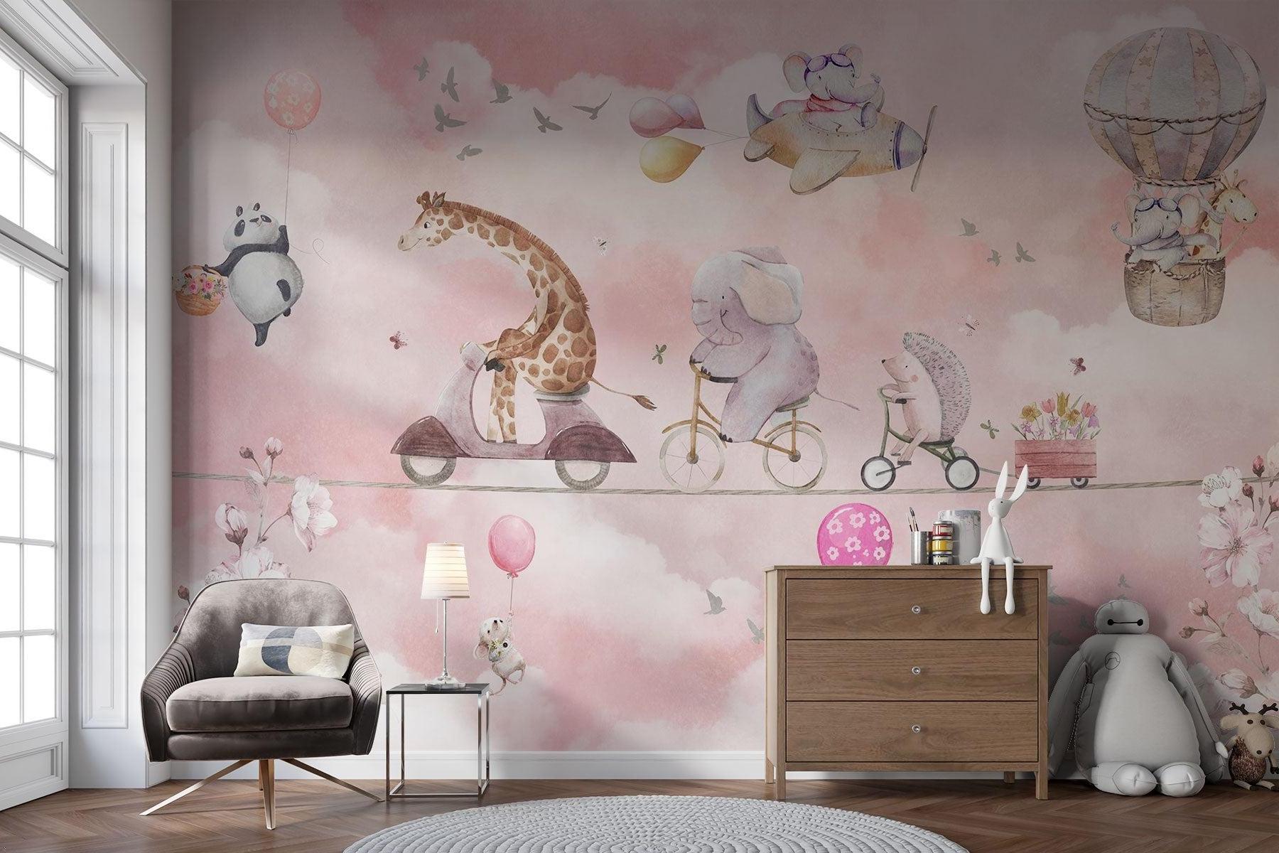 Kids Animal Mural Wallpaper | Adventure Parade in Pink Sky