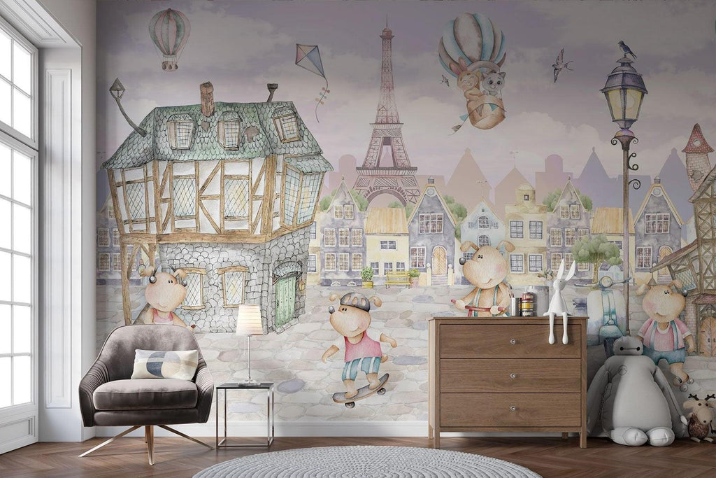 Paris Kids Mural Wallpaper | Whimsical Teddy Bears Adventure