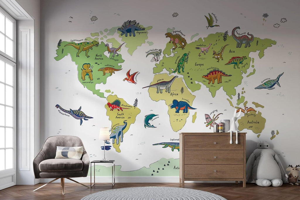 Dinosaur Mural Wallpaper | World Map Educational Design