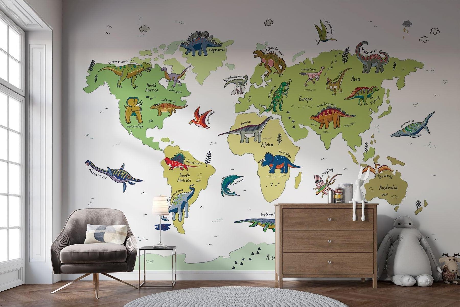 Dinosaur Mural Wallpaper | World Map Educational Design