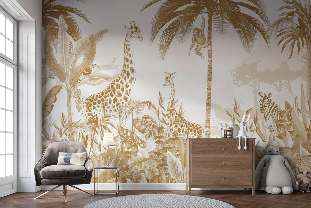 Safari Mural Wallpaper | Golden Jungle Animals Design
