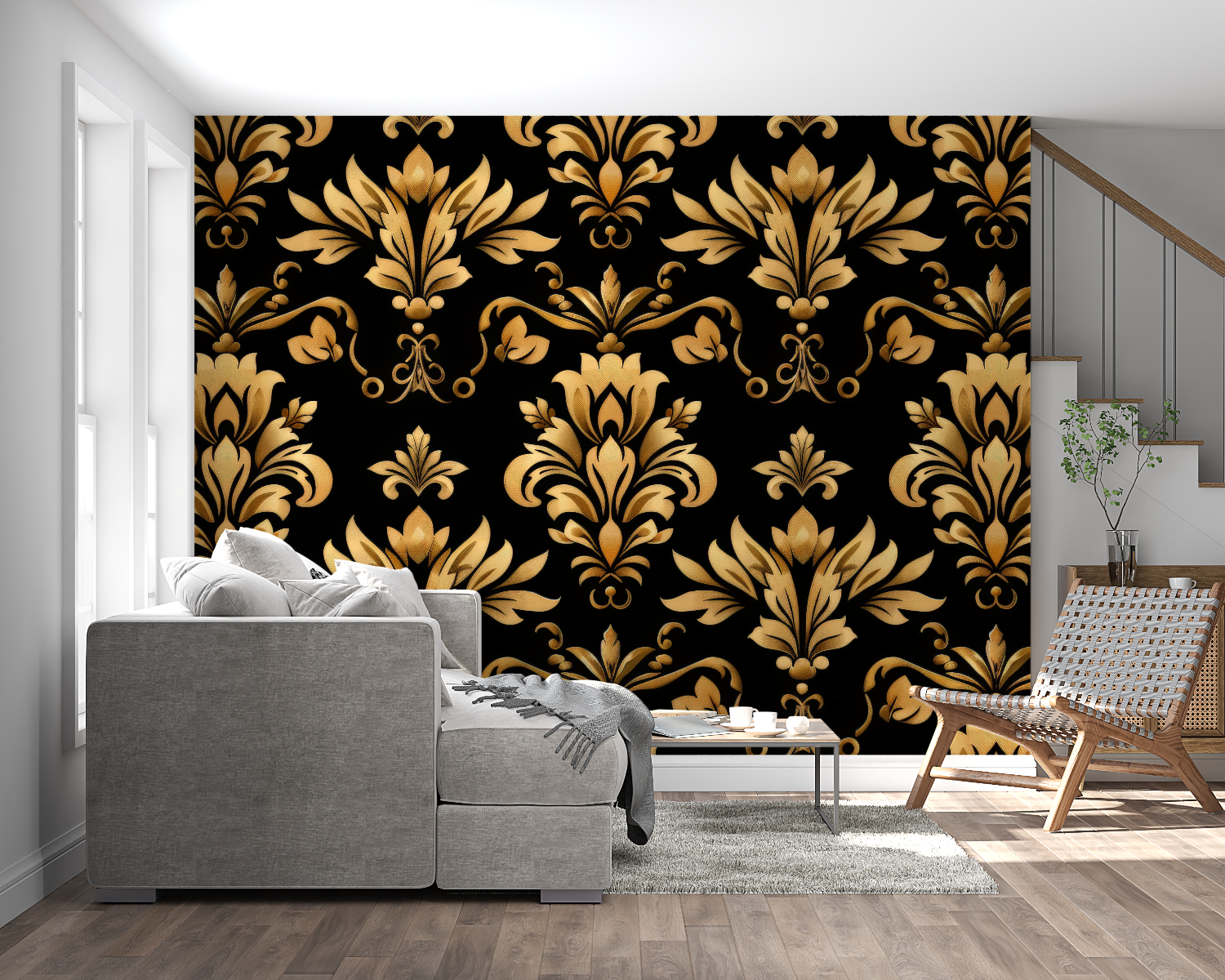 Luxury damask wallpaper design in hotel lobby setting
